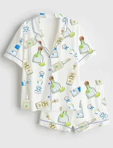Tequila Bottles Watercolor Bar Cart Art Satin Pajama Set, Tequila Holiday Wine Nightwear, Pajamas Bottles Bar Sleepwear Gift For Her Summer #pajamas