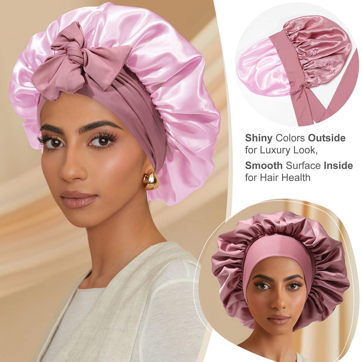 AWAYTR Women's Pink Nightcap Elastic Shower Cap Satin Sleeping Hat With Tie Band Double Layered Hair Care Hat Headwrap Adjustable
