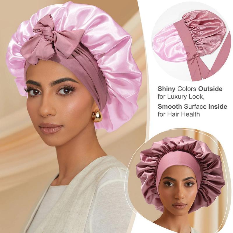 AWAYTR Women's Pink Nightcap Elastic Shower Cap Satin Sleeping Hat With Tie Band Double Layered Hair Care Hat Headwrap Adjustable