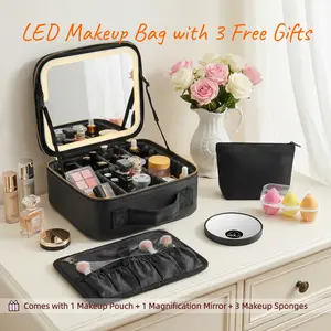 Travel Makeup Bag With LED Mirror, Cosmetic Organizer With Adjustable Dividers, Portable Makeup Case With Rechargeable Lighted Mirror, Comes With Three Free Gifts, Perfect Gifts For Her