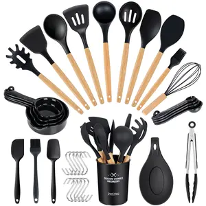 Wood Handle Kitchen Utensil Set - Durable Cooking Tools for Nonstick Cookware, High-Quality Teak Wood, Smooth Grip, and Easy to Clean girly kitchenware easy-to-clean accessory spatula safe Silicone Non-Stick Heat-Resistant Cooking Utensils Set Stainless
