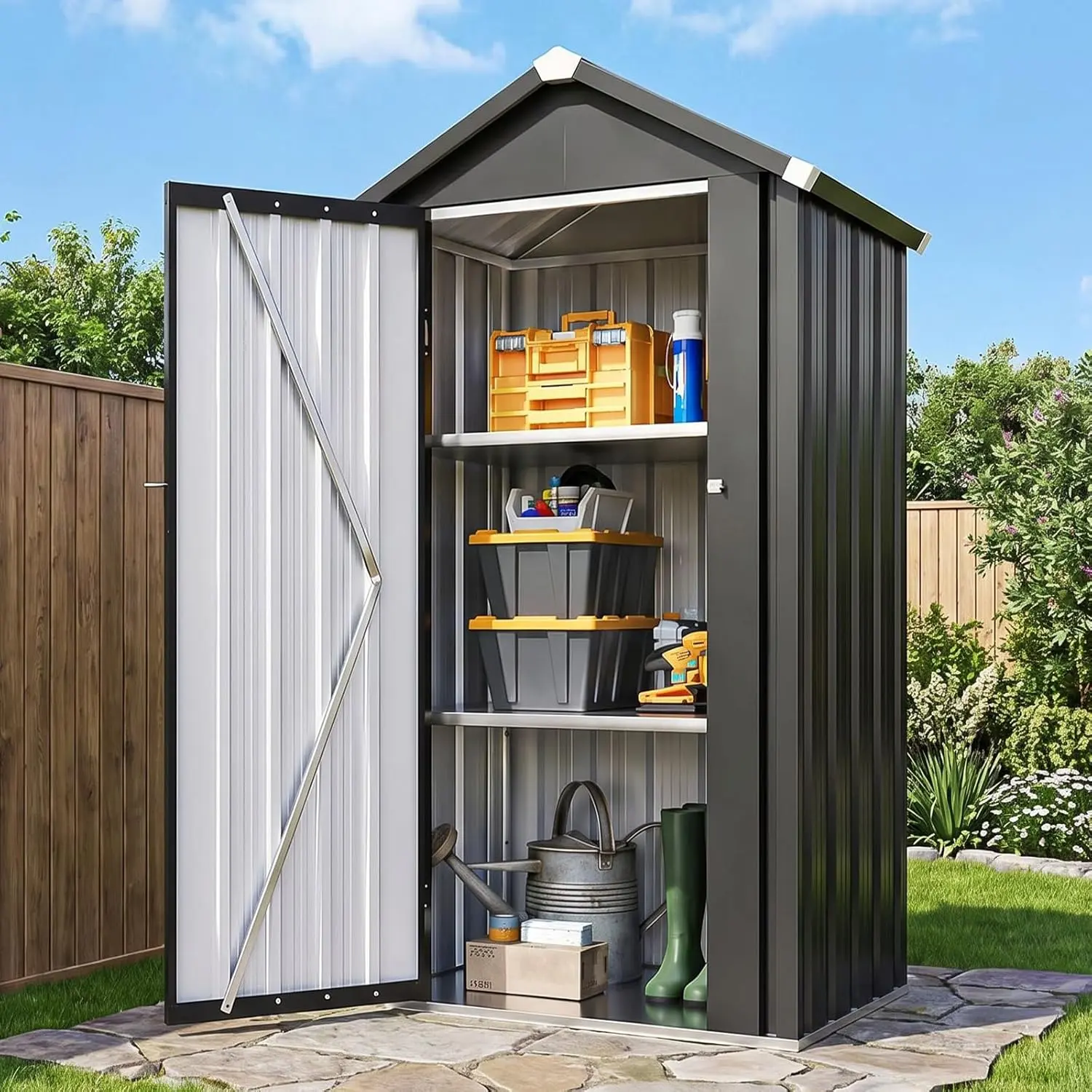 Aoxun Galvanized Steel Outdoor Storage Cabinet with Metal Floor, Adjustable Shelves & Quick Setup, Black Tool Cabinet for Garage, Patio
