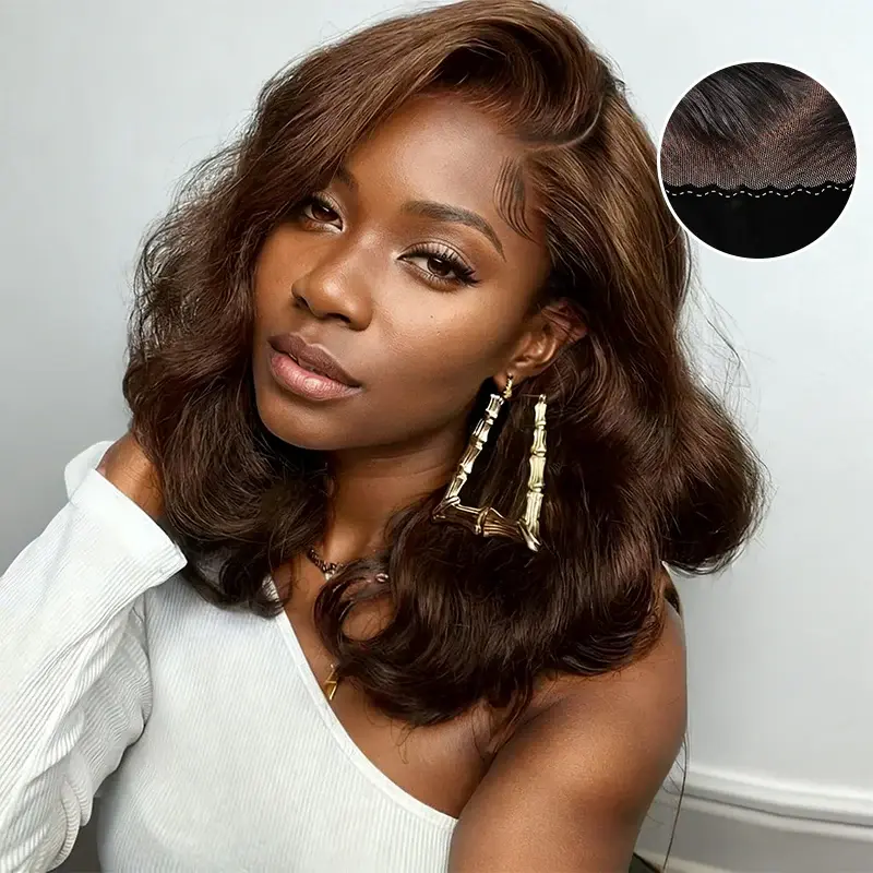 【 Salon Series Style 】250% Density Pre-Styled Body Wave Glueless Layer Wavy Bob Wig Chocolate Brown Highlight Transparent Lace Ready To Go Wigs
