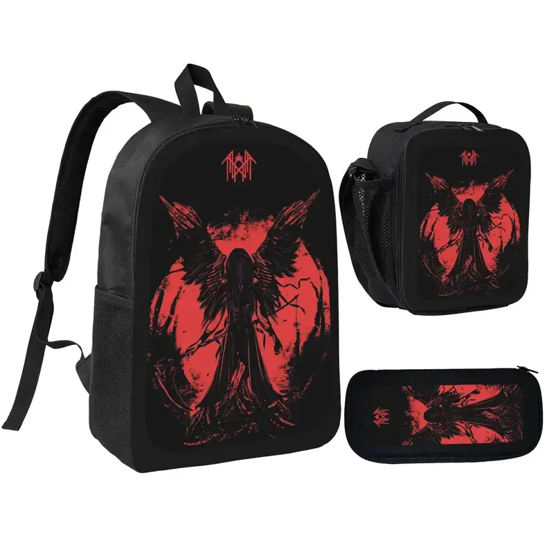Gothic Angel Wing 3-Piece Backpack Set for Teens' First Day of School, Waterproof Nylon Rucksack with Lunch Bag and Pencil Case