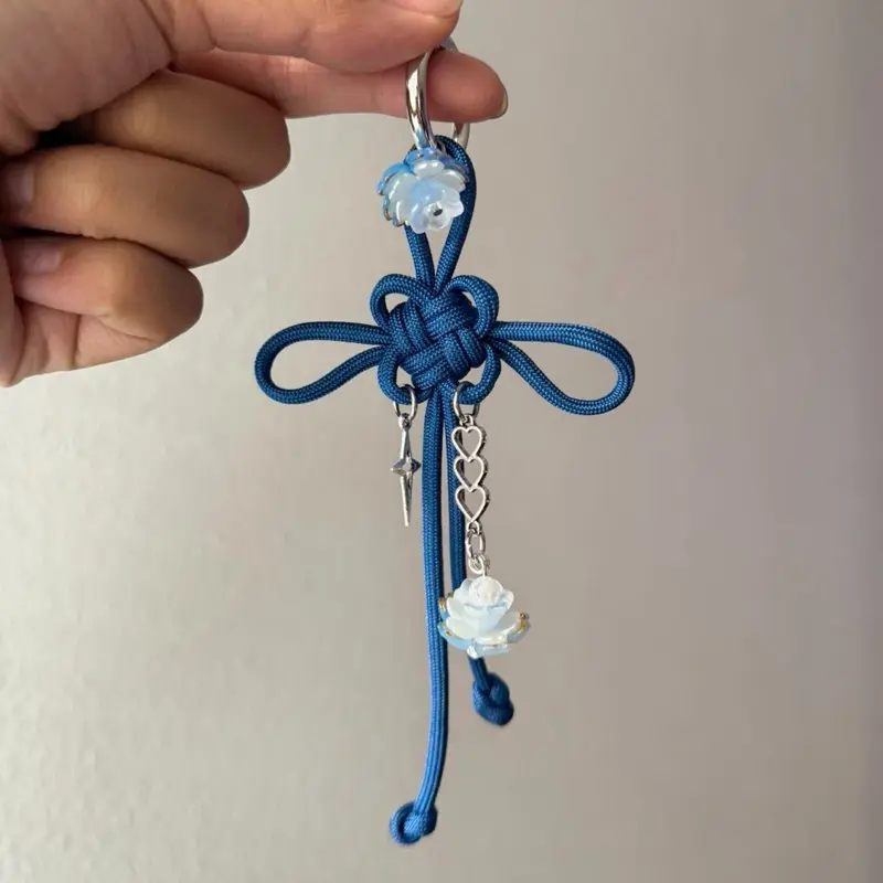 Handmade Blue Paracord Chinese Fortune Knot Keychain - Stainless Steel Lotus Charm, Alloy Build, Burned Ends, Unisex Durable Accessory, Car/Bag Accent, Feng Shui Good Luck Gift for Graduations, Handmade Chinese Lucky Charm Note: Choking Hazard Small Parts