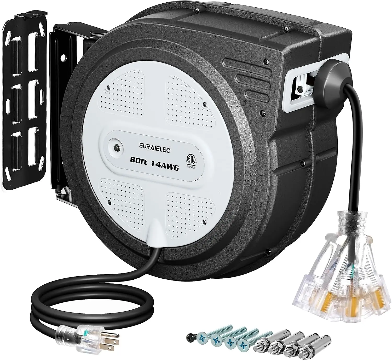 Suraielec | 80FT 14AWG Retractable Extension Cord Reel, 14 AWG SJTOW Power Cord for Garage & Workshop, 10A Circuit Breaker, Wall/Ceiling Mount, Upgraded Anti-Tangle Roller Design, ETL Listed, Grey
