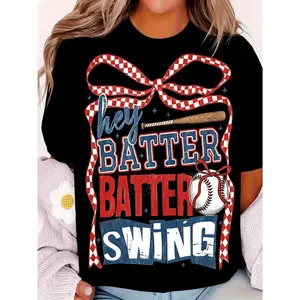 Retro Women's Baseball Pattern T Shirt Featuring 70s 80s Style Hey Batter Batter Swing Print with Stars and Stripes A Line Casual Round Neck Soft Washable Fabric Ideal for Daily Wear and Outdoor Activities