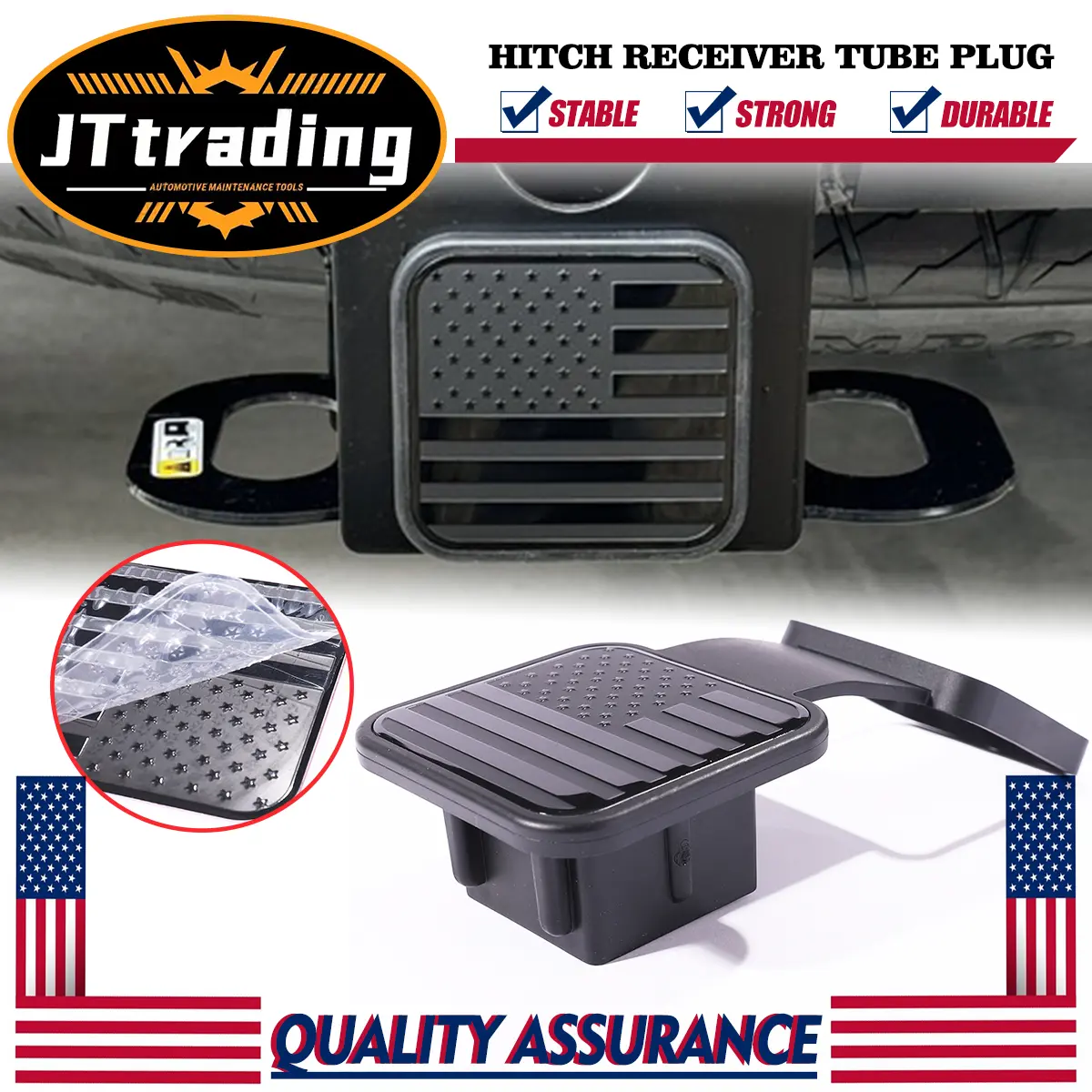 JTtrading Black American Flag Emblem Rubber Trailer Hitch Cover - 2 in Rubber Base, Mudproof Tow Tube Plug Cap, Universal Fit for Most Vehicle Hitch Receivers, Durable Easy-Install Vehicle Accessory with Car Wash Protection, Vehicle Accessories campingess