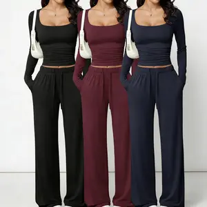 1Set of 2 pieces Women's Matching Lounge Set, Fitted Square Neck Long Sleeve Crop Top, High Waisted Wide Leg Drawstring Pants, Casual Sweatsuit