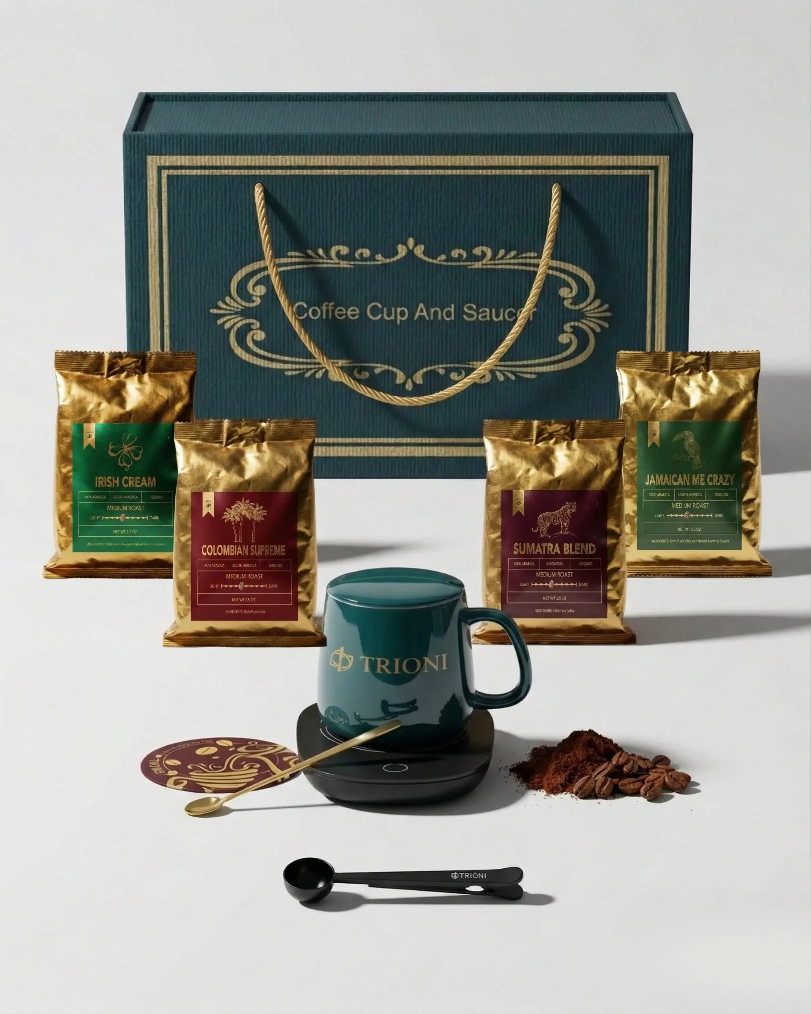 TRIONI Premium Coffee Gift Basket featuring a Self Heating Coffee Mug, Coffee Scoop Clip, and a Coaster