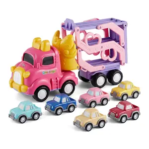 7-in-1 Foldable Transport Truck Toy with Lights & Music, 3-Tier Car Carrier Playset with 6 Mini Cars, Interactive Vehicle Toy for Toddlers 18+ Months