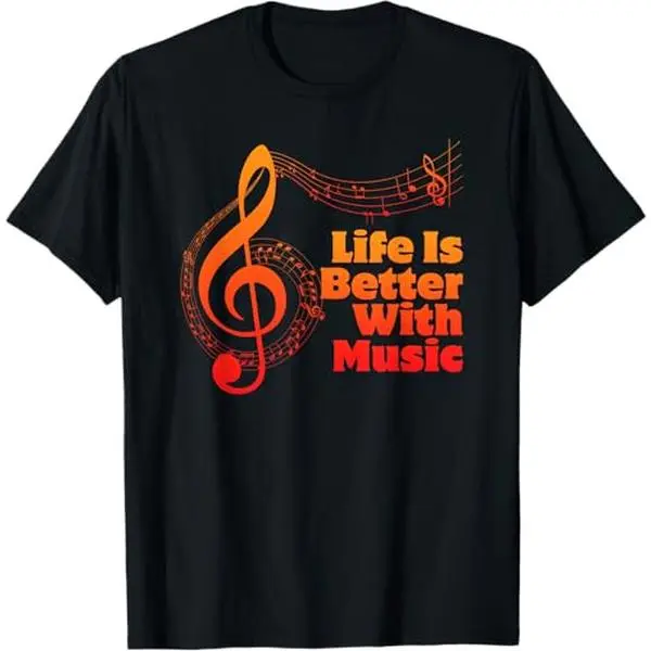 Life Is Better With Music Treble Clef Red Note Vintage Graphic T-Shirt Musician Melody Lover Black Oversized Tee Tshirt TOP