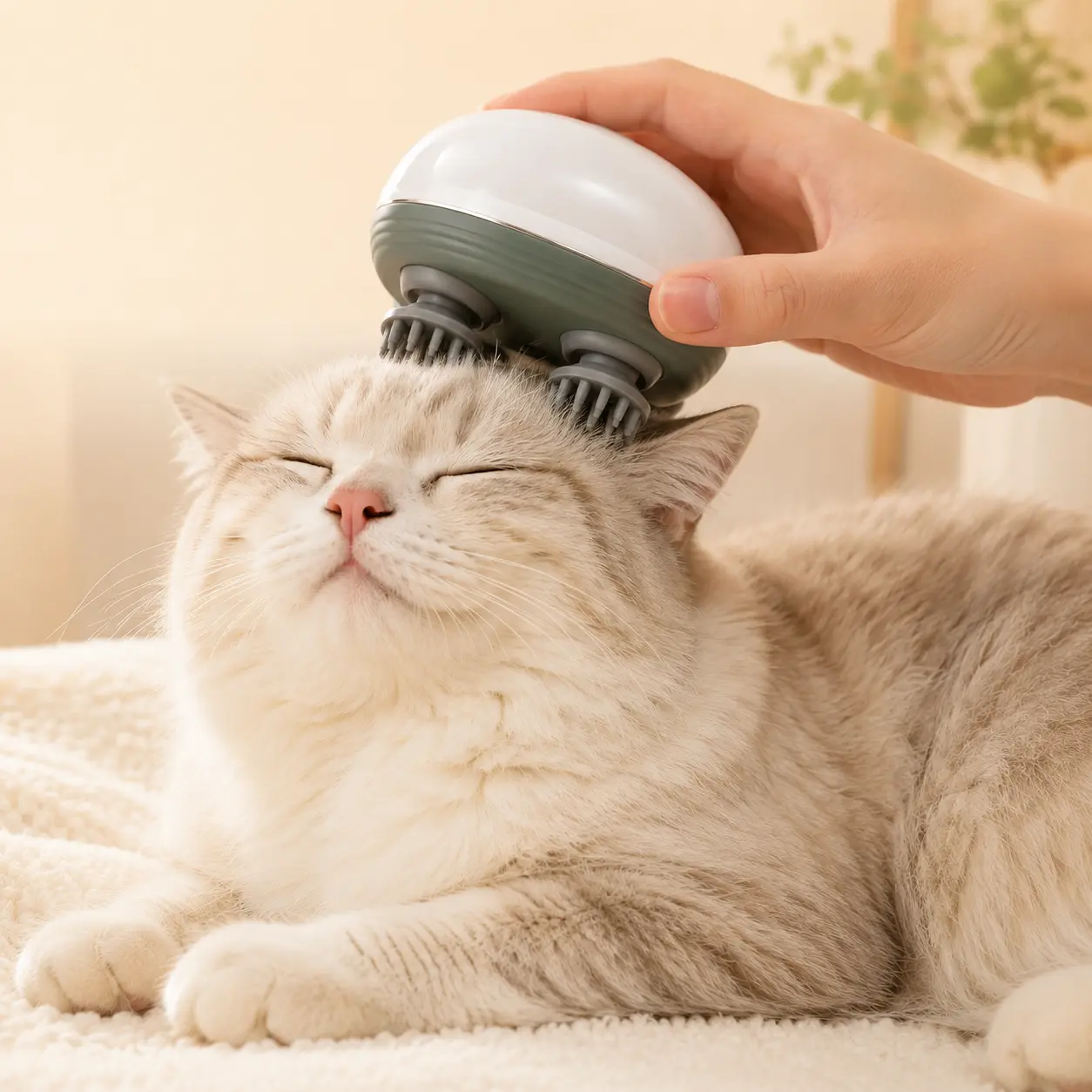 QUBIXPAW-Mini Electric Cat Head Massager - 4 Soft Silicone Rotating Heads, Rechargeable Handheld Pet Massage Tool for Gentle Touch Relaxation Aid for Cats & Small Dogs