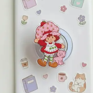 Vintage Strawberry Girl Phone Grip, Sweet Berry Aesthetic Phone Holder, Y2K Nostalgia Accessory, Kawaii Pink Girl Phone Stand, Cute Fruit Theme Gift for Her, Retro Cartoon Topper