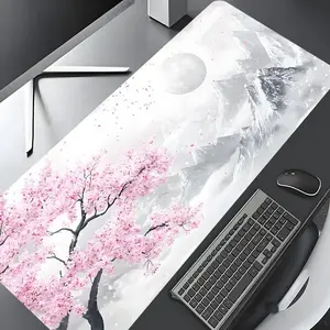 Japanese Cherry Blossom Snow Mountain  Design Large Gaming Desk Mat,Pink and white  Aesthetic Desktop Drotection Pad,Washable Rubber Pad Non-Slip Lock Edge Multi-Size Desk Mat Suitable For Home Office,Good Gift for Family and Friends, Desk  Poccessories