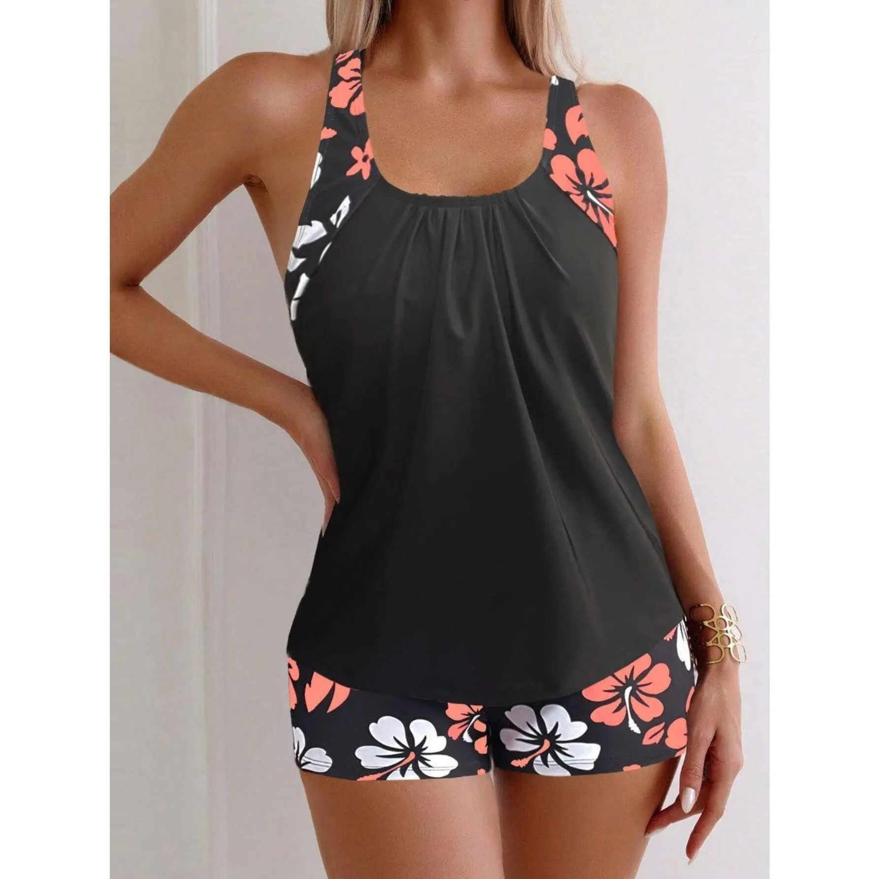 Women's Hibiscus Print 2-Piece Tankini Swimsuit - Black Racerback Top, Boy Shorts, Modest Tummy Control Beach Wear