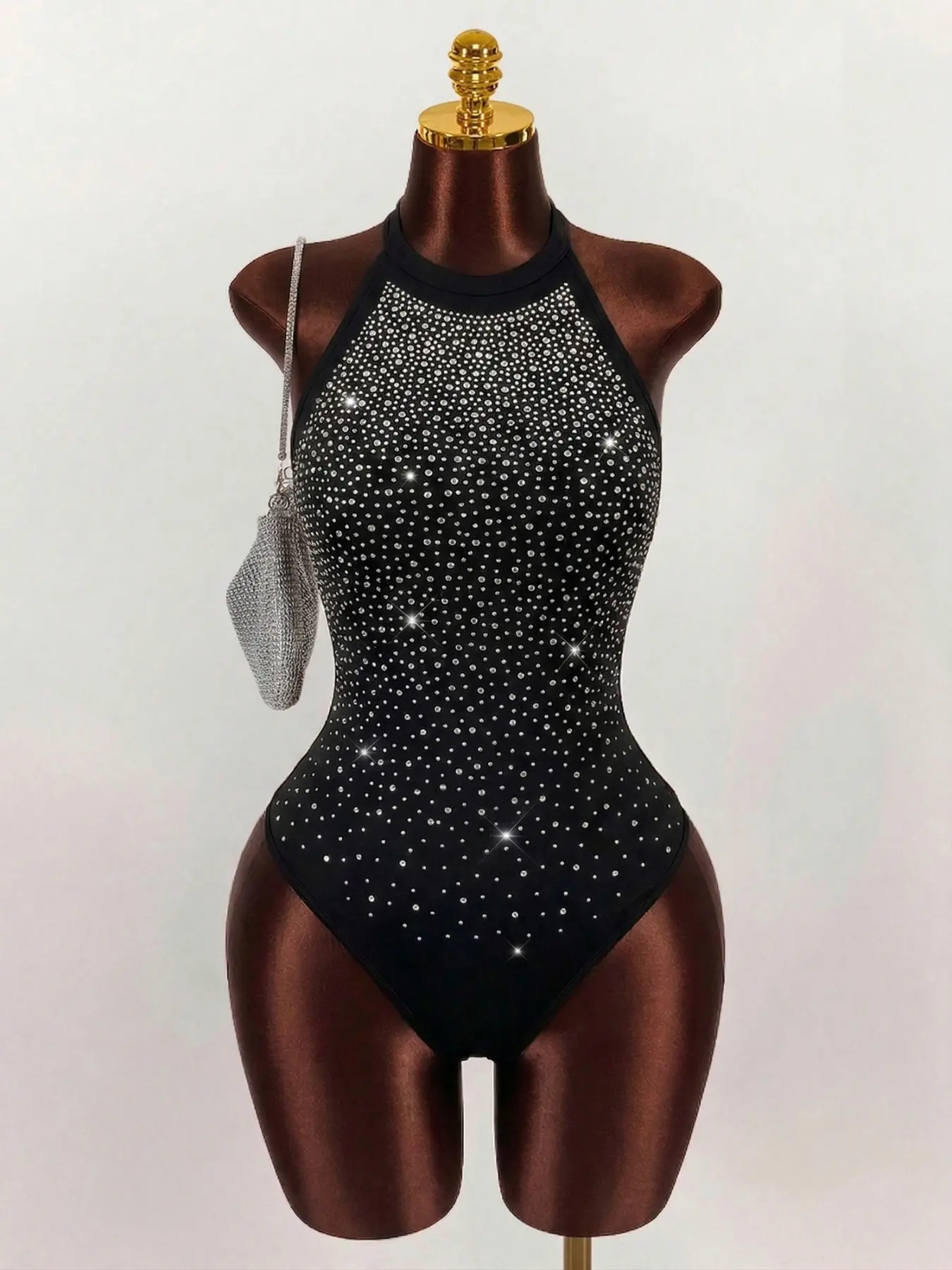 1pc Chic Elegant Rhinestone Halter Neck Bodysuit, Black Slim Form-Fitting Open Back Backless Top for Parties & Dates