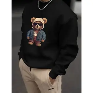 Men's Fashion Creative Design Bear Printing Sports Leisure Commute Versatile Long Sleeve Loose round Neck Sweater hoodies Casual Tops vacation outfits