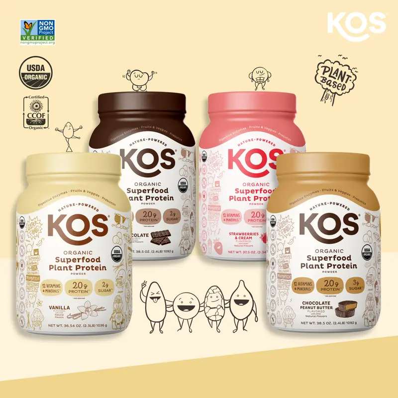 KOS Organic Superfood Plant Protein Powder, Vanilla Flavor — 20g Protein, 12 Vitamins & Minerals, No Erythritol, USDA Certified — Meal Replacement for Women and Men