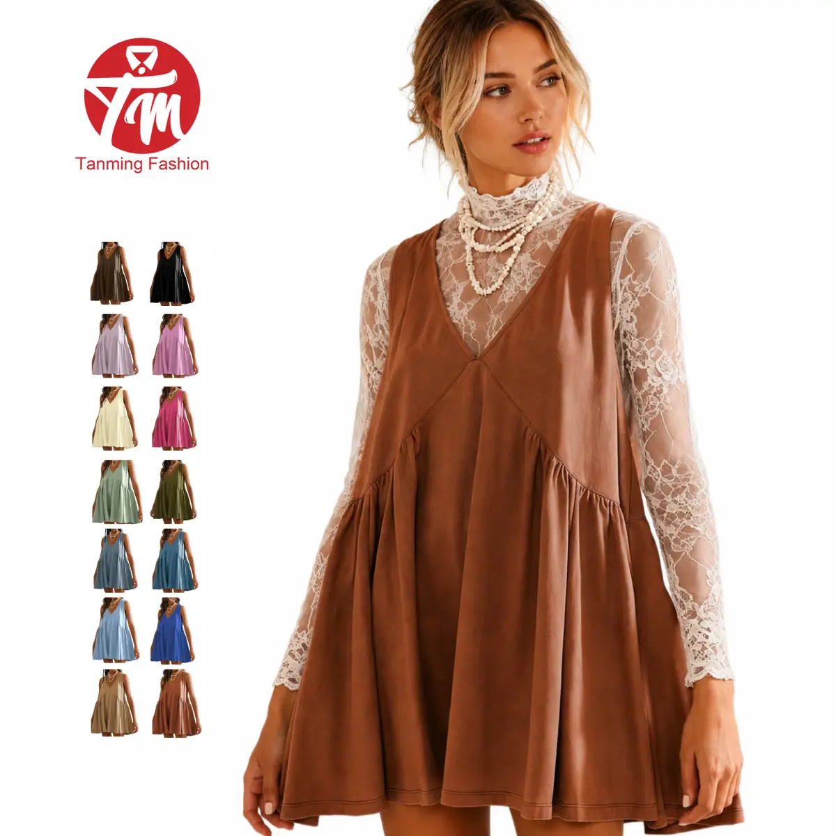Tanming Women's Cotton-Rich Soft Touch V-Neck Sleeveless Basic Babydoll Pinafore Mini Dress, Above Knee Loose Plus Size Layering Swing Jumper with Pockets - Ideal for Brunch Dates, Formal Events, M, Fashion Apparel