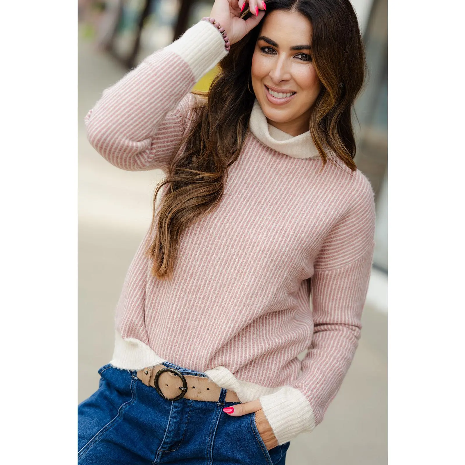 Vertical Striped Cowl Neck Sweater