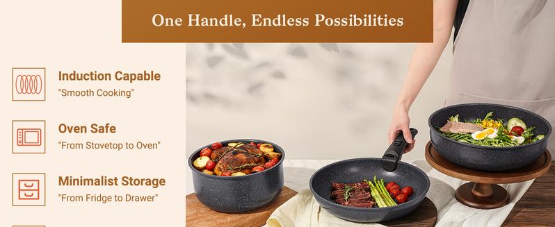 SODAY New 15pcs Detachable Handle Nonstick Cookware Set,Black/White, Pots and Pans, Oven safe Frying Pan, Dishwasher Safe,Kitchenware,stock up on specials,Valentines Day gifts