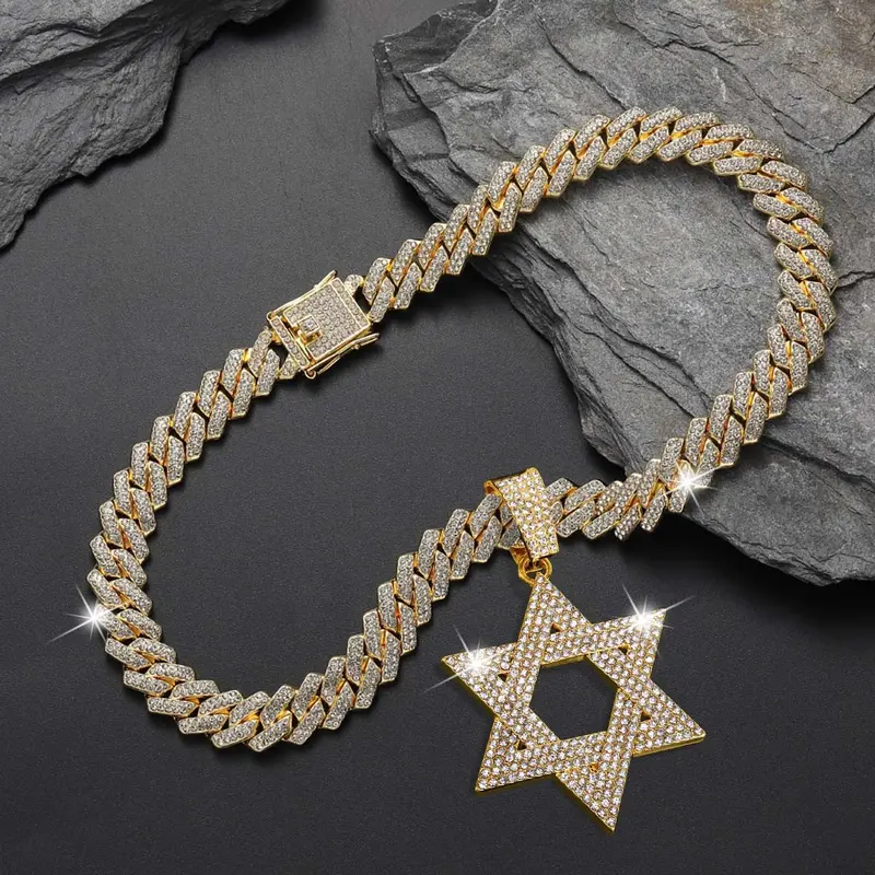 6-Pointed Star Cubic Zinc Alloy Necklace, Unisex Hip Hop Pendant Chain, Fashion Casual Daily Accessory, Birthday Anniversary Gift for Men/Women, Ideal for Fashion Photos