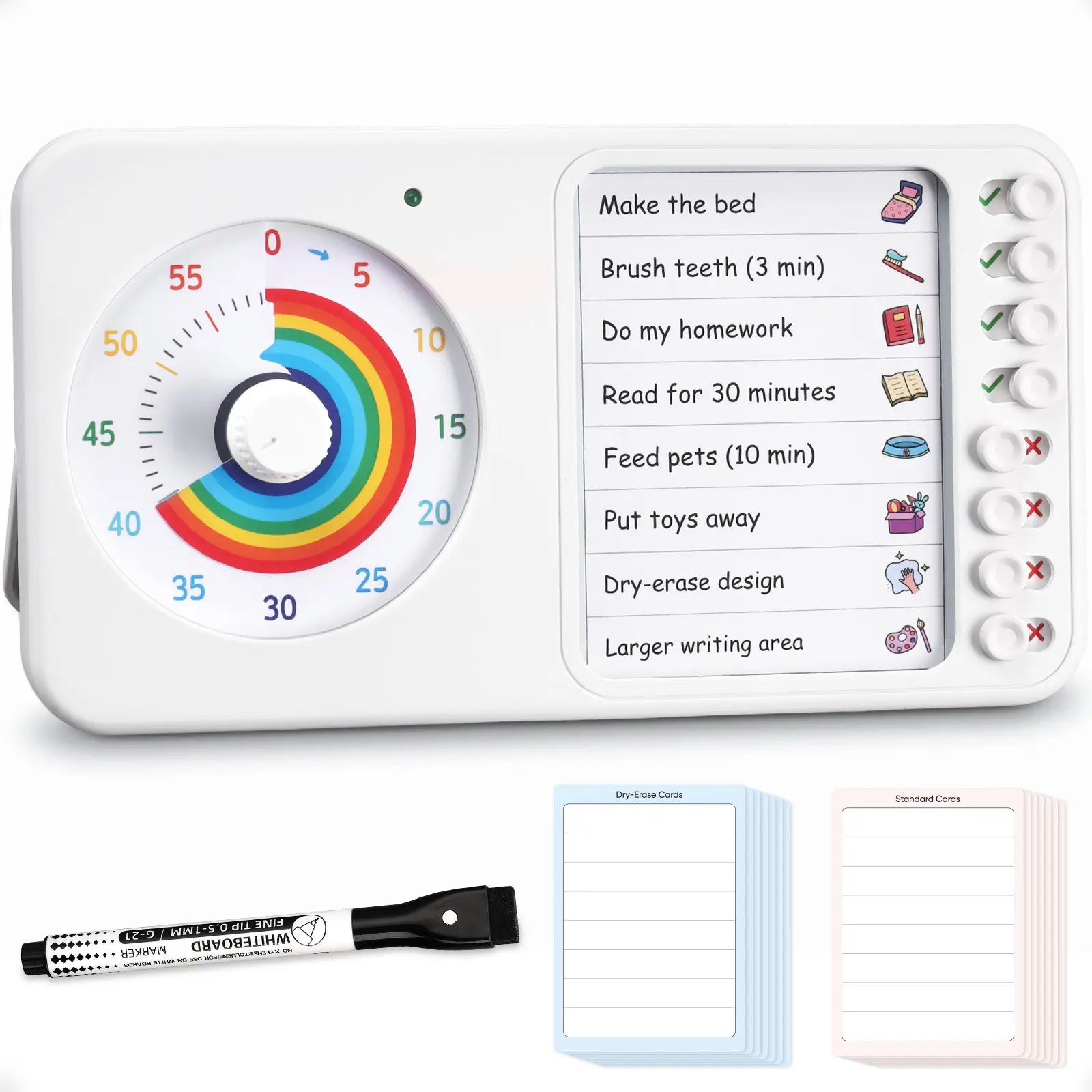 2-in-1 Visual Timer with Task Board for ADHD & Autism, Dry Erase Chore Chart and Visual Schedule for Kids & Adults, Rainbow Countdown Timer for Classroom, Home, Homeschool