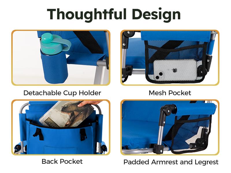PHI VILLA Stadium Seat with Back Support, Bleach Seat with Backrest and Cushion, Stadium Chair with Cup Holders, Mesh Bag and Hidden Hook for Basketball and Soccer Bench Blue