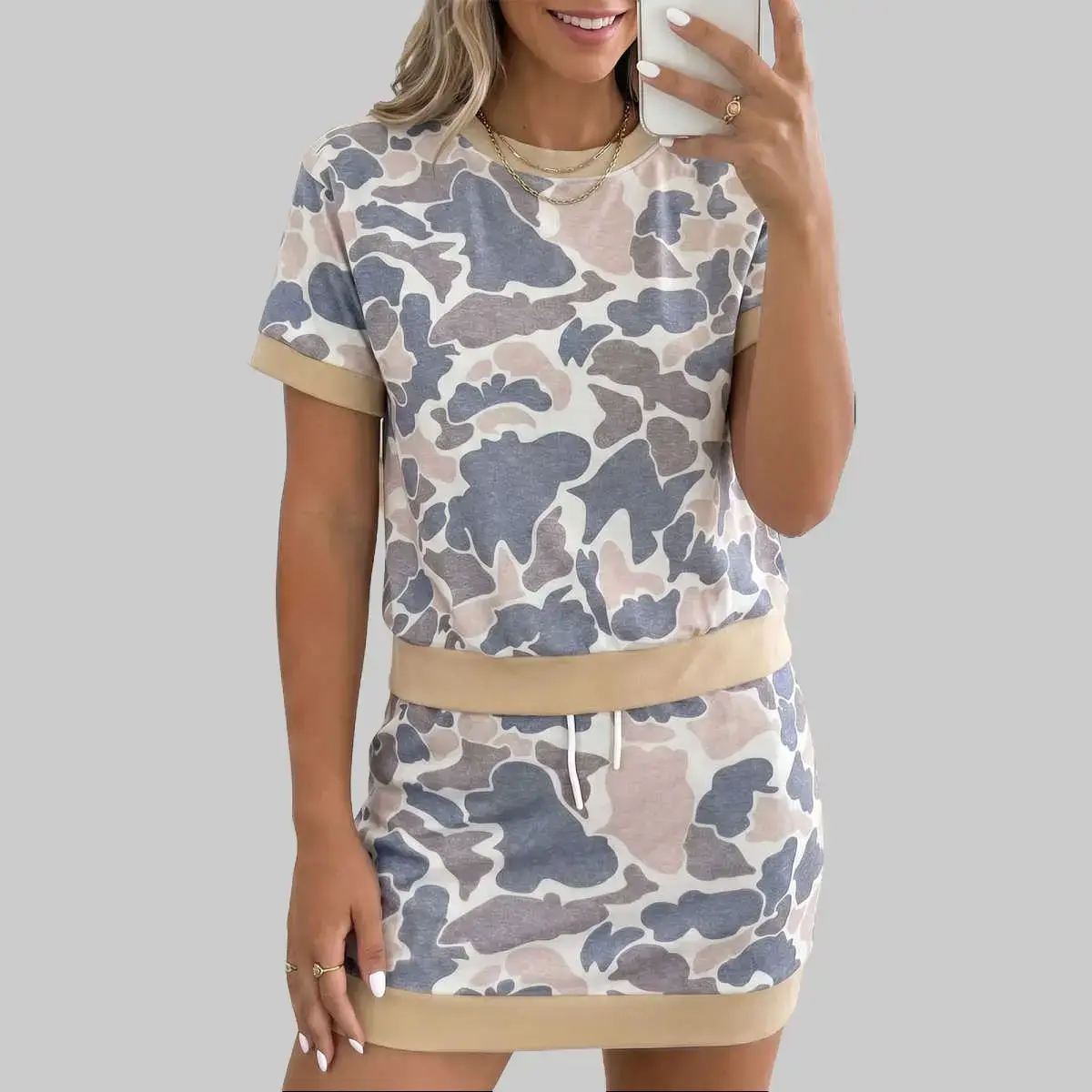 Women's Casual 2-Piece Outfit Short Set, Ribbed Short-Sleeve Top with Multicolour Retro Camouflage Print Color Block Trim Skort, Shortsleeve and Mini Skirt Set, Elastane, Polyester, Abstract Shapes, 2Pcs,summer sets casual