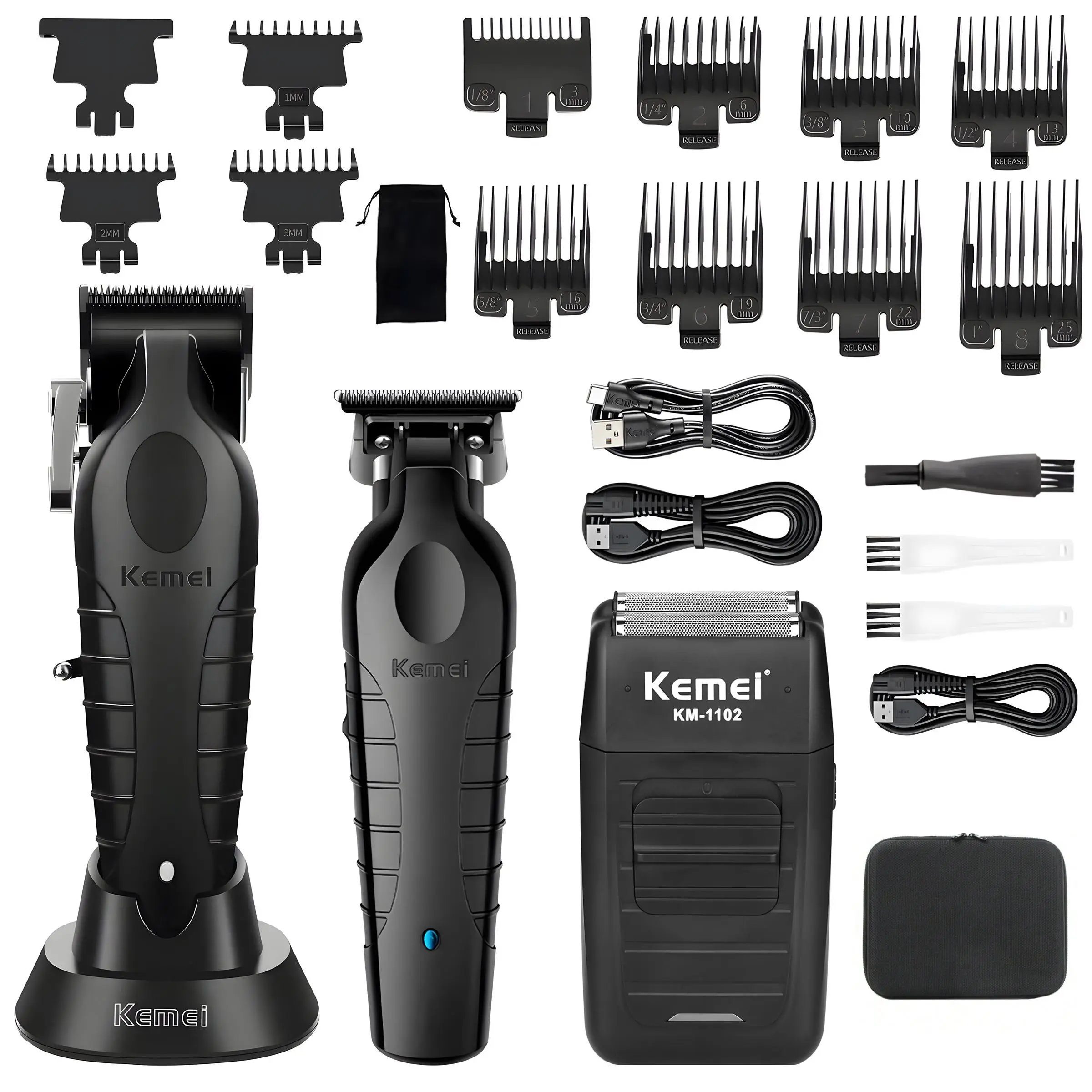 Kemei Hair Trimmer Set, KM-2296, KM-2299 Razor & KM-1102 Electric Shaver, Professional USB Rechargeable Grooming Kit for Men & Women