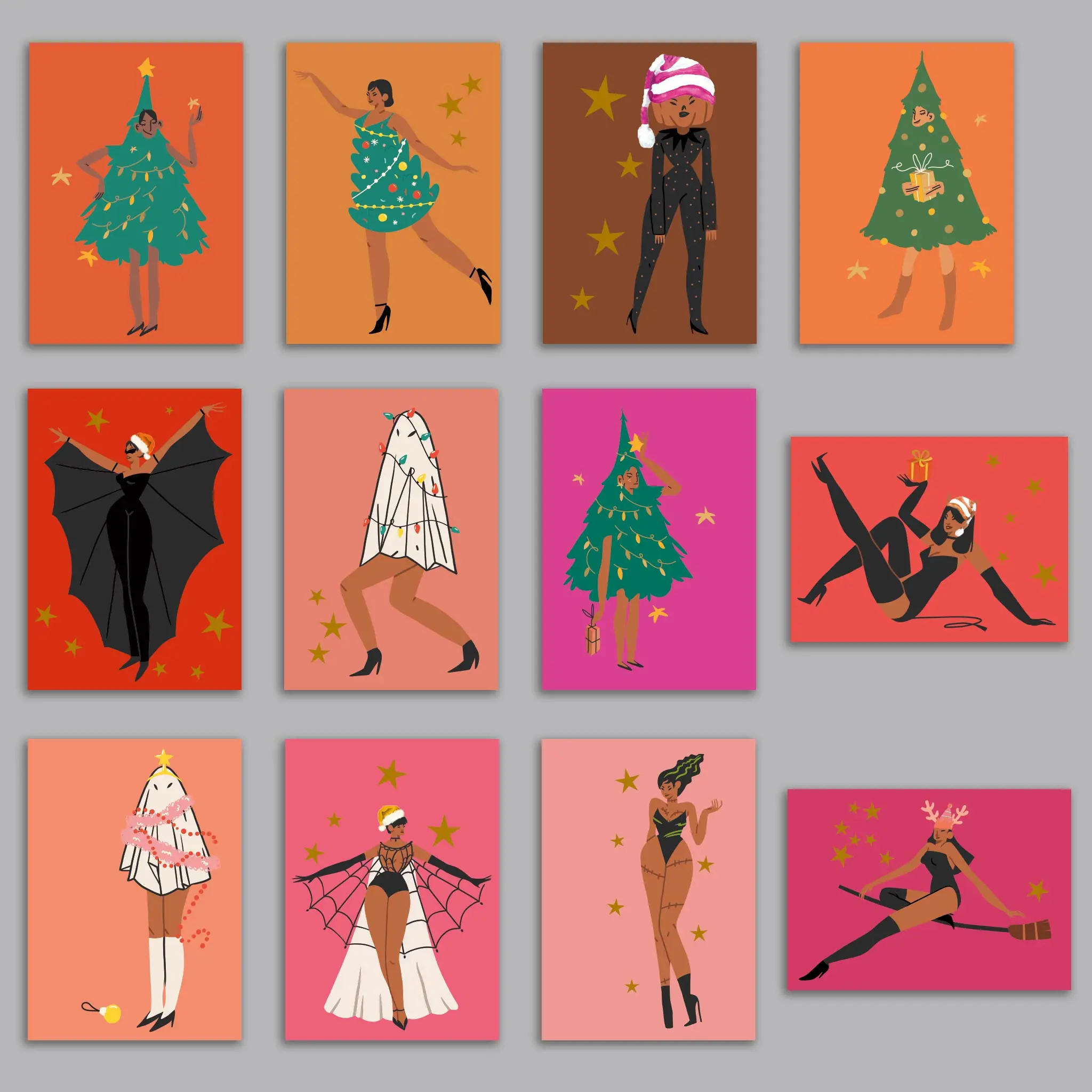 Spooky Girls Retro Christmas Greeting Cards, Set of 24