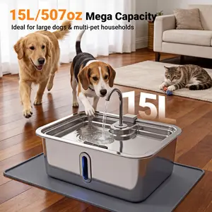 Smart Pet Water Fountain, 15L/507Oz Stainless Steel Dispenser with APP Monitoring, Silver, BPA-Free, Water Bowl Dispenser for Large Dogs, Indoor and Outdoor Use (with 5 Filters & Sponges)