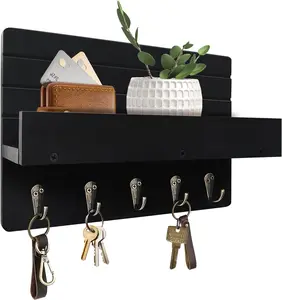 Key Holder Wall Mount, Rustic Key Hooks for Wall with Shelf for Mail Organizer, with 5 Sturdy Hooks for Hanging Keys, Dog Leash, Wooden Key Hanger