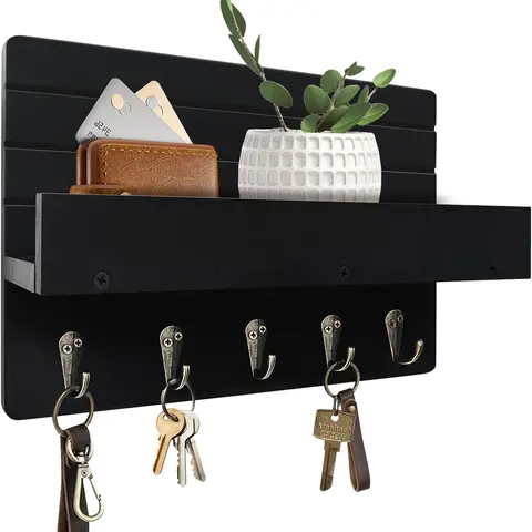 Key Holder Wall Mount, Rustic Key Hooks for Wall with Shelf for Mail Organizer, with 5 Sturdy Hooks for Hanging Keys, Dog Leash, Wooden Key Hanger