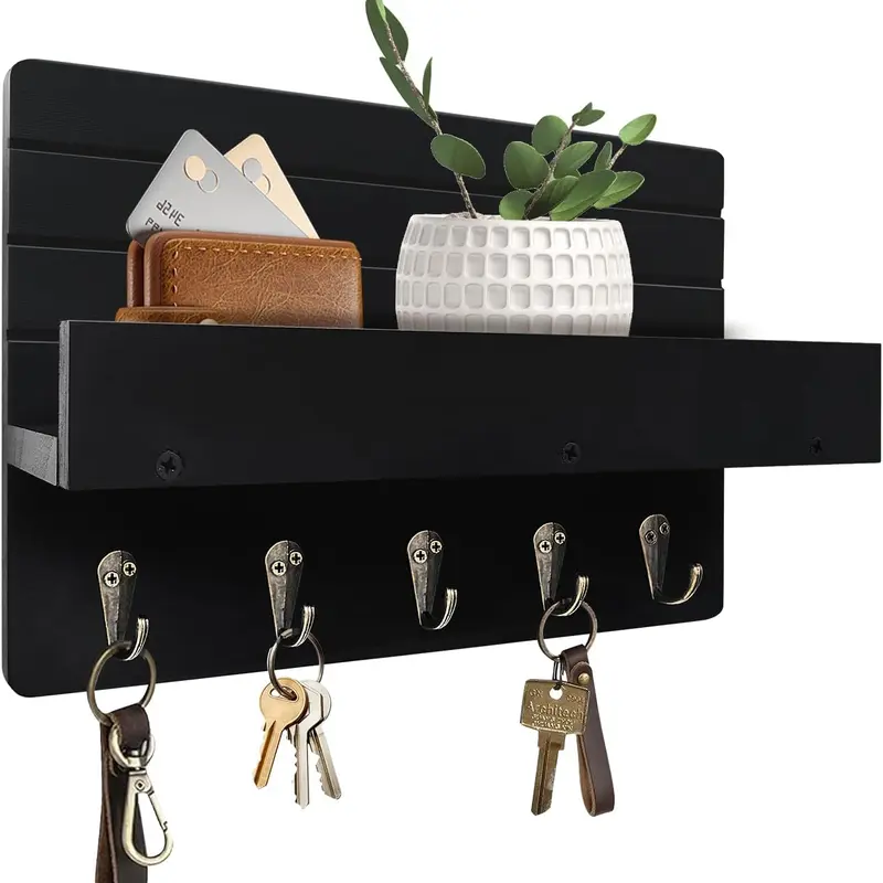 Key Holder Wall Mount, Rustic Key Hooks for Wall with Shelf for Mail Organizer, with 5 Sturdy Hooks for Hanging Keys, Dog Leash, Wooden Key Hanger