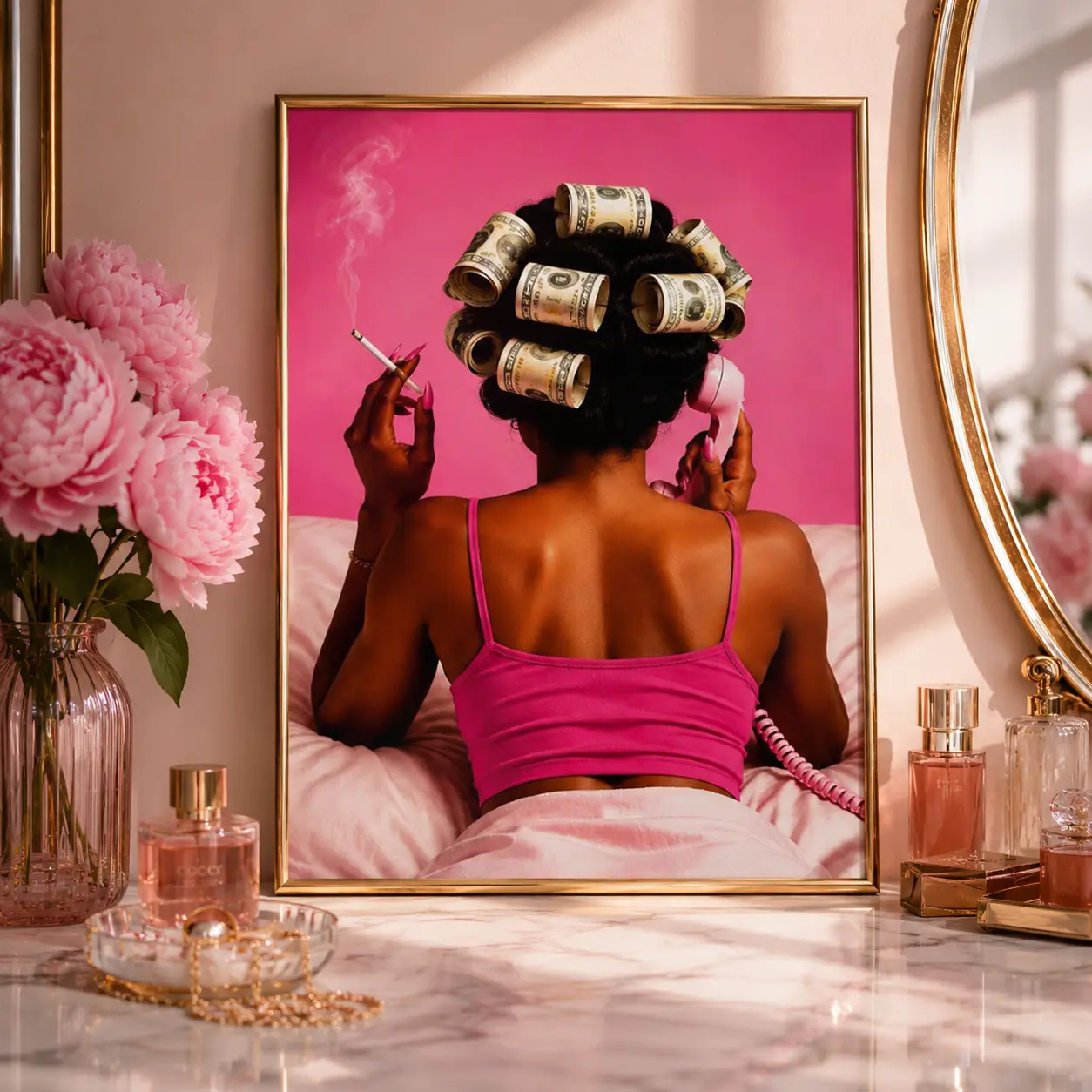 Cash Hair Rollers Poster No Frame – Pink Glam Black Woman Wall Art, Luxury Boss Lady Beauty Room & Bedroom Decor