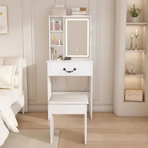 Modern Mini Makeup Vanity Desk with LED-lit Mirror & Hidden Storage,Includes Padded Stool,Adjustable Brightness Vanity Desk,Multi-tier Dust-proof Shelves for Bedroom