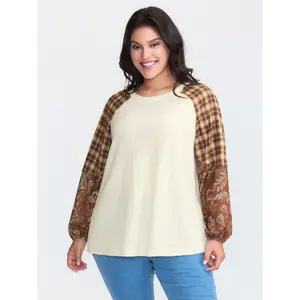 【 Comfy Chic】Bloomchic Plaid Paisley Print Textured Sweatshirt Fit Womenswear Swimweek