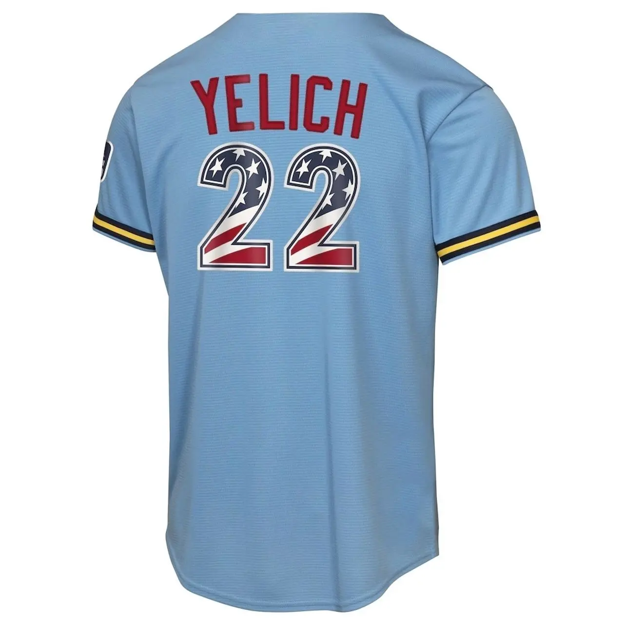 Unisex Baseball Jersey 22 Yelich Milwaukee 2026 USA 250 Fourth of July Road Replica Jersey - Light Blue