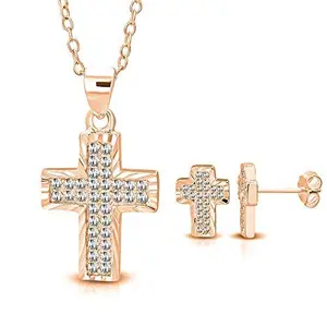 925 Sterling Silver Rose Gold-Tone White Clear CZ Religious Cross Pendant Stud Earrings Set