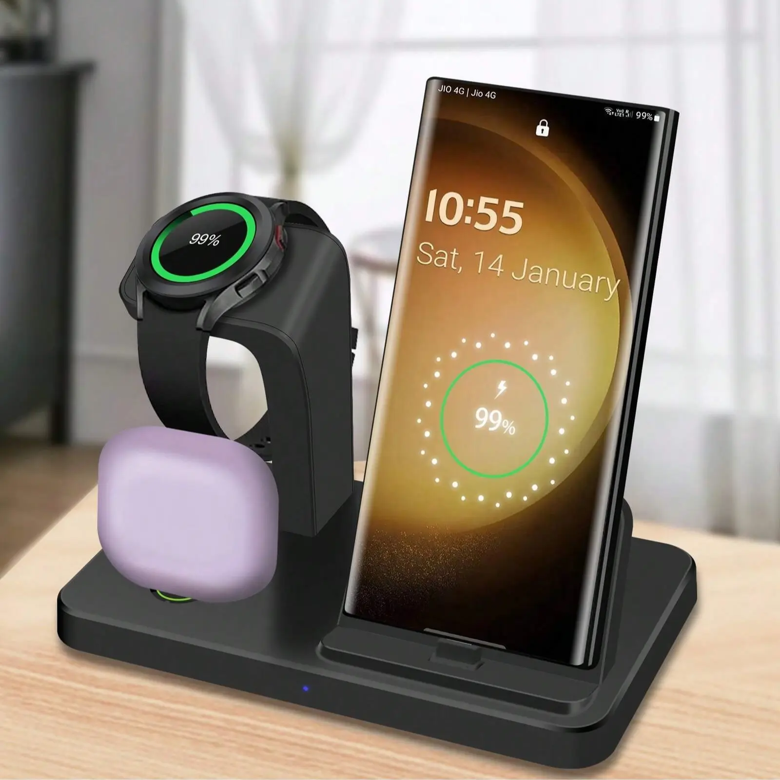 Multi-Device 3-in-1 Wireless Charger Station, Fast Charging Dock Stand for Samsung Galaxy Watch 8 7 6 5 Pro 4 Active 2, USB Type-C Charger for Samsung Galaxy S26/S25/S24/S23/A54/A53/A51 & Galaxy Buds