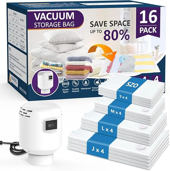 15 Pack Vacuum Storage Bags for Clothes Travel with Rechargeable Pump, Compression Space Saver Bags for Packing Luggage Closet and Seasonal Storage Organization Pockets Resealable Zipper Pouches