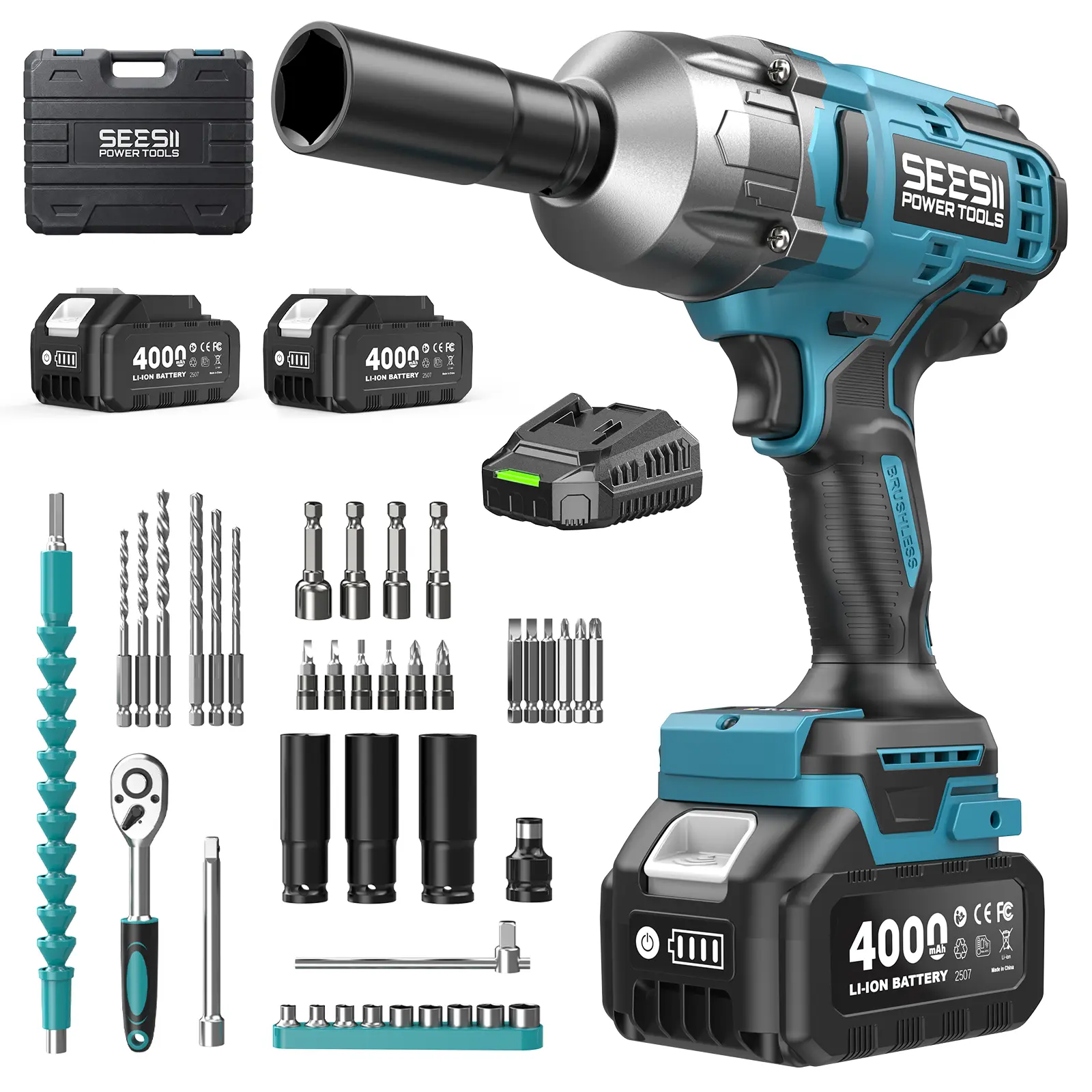 SEESII Cordless Brushless Impact Wrench WH860 Ultra 1300Nm High Torque 2x 21V 4.0Ah Li-ion Batteries 3-Speed Gear LED Light Full Accessories Kit for Agricultural Machinery Trucks Car Repair Home Use DealsForYouDays