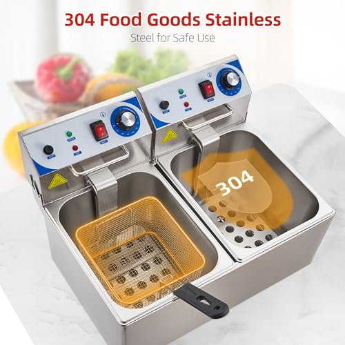 【GARVEE】Commercial 10L+10L - 1500 Watts Dual Tank Electric Deep Fryer Stainless Steel Countertop Oil Fryer with Basket for Restaurant/Home Use (110V)