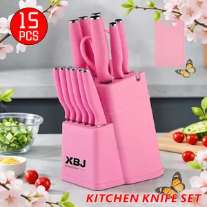 15-Piece Pink Kitchen Knife Set | Includes Chef's Knife, Slicing Knife, Paring Knife, Kitchen Shears, Side Sharpener & All Essential Knives | All-in-One Cooking Kit tiktokshopspringglowup Kitchenware Utensils