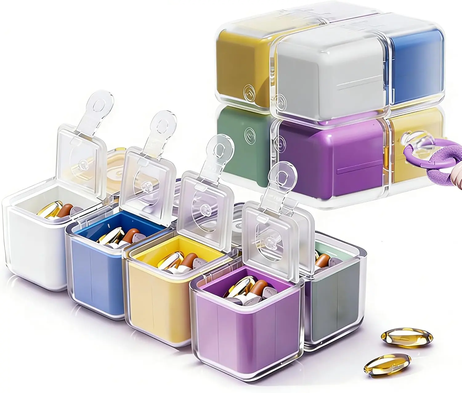 Modular Stackable Pill Organizer Cube | Detachable Colorful Daily Vitamin Storage Box, Portable Travel Medicine Container with Keychain Hook