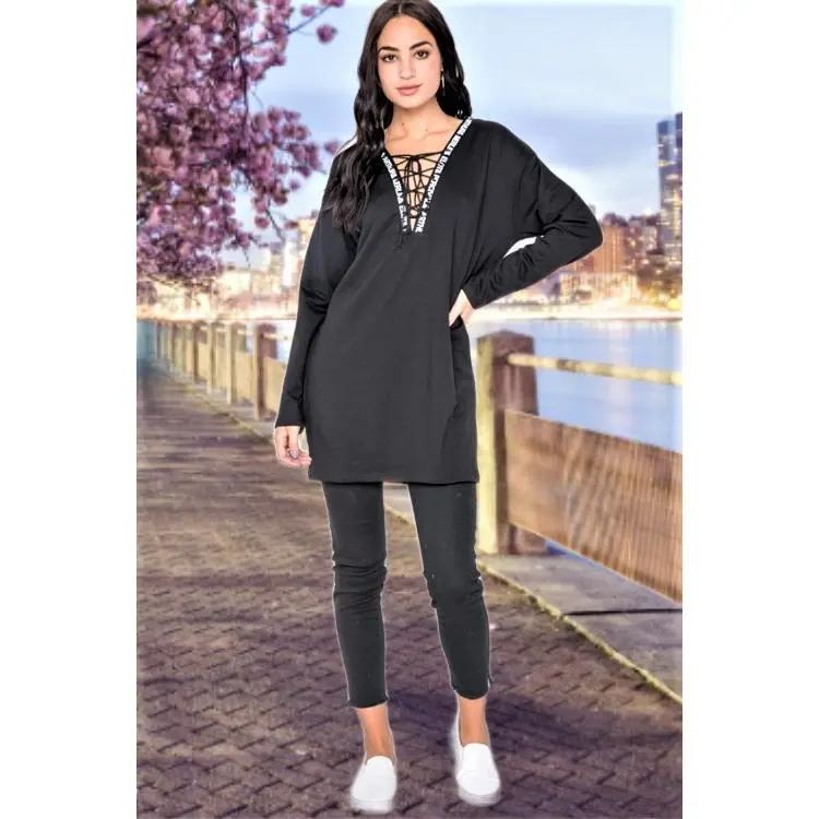 Black Graphic Trim Lace-Up Sweater Dress