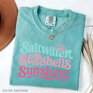 Comfort Colors S Saltwater Seashells & Sunshine T-Shirt, Coastal Summer Beach Tee, Vacation Outfit, Ocean Lover Shirt