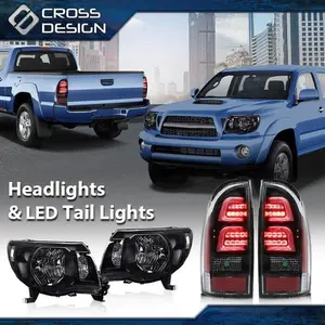 CROSSDESIGN Black Headlights & 3D LED Tube Bar Tail Lights Set Fit For 05-11 Toyota Tacoma
